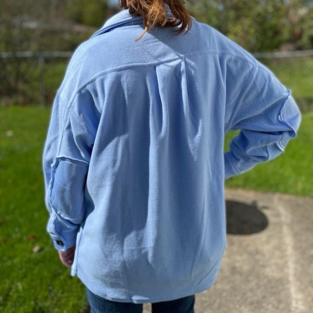 Zenana All About the Fleece Lightweight Button-Down Shacket in baby blue small - Picture 2 of 4